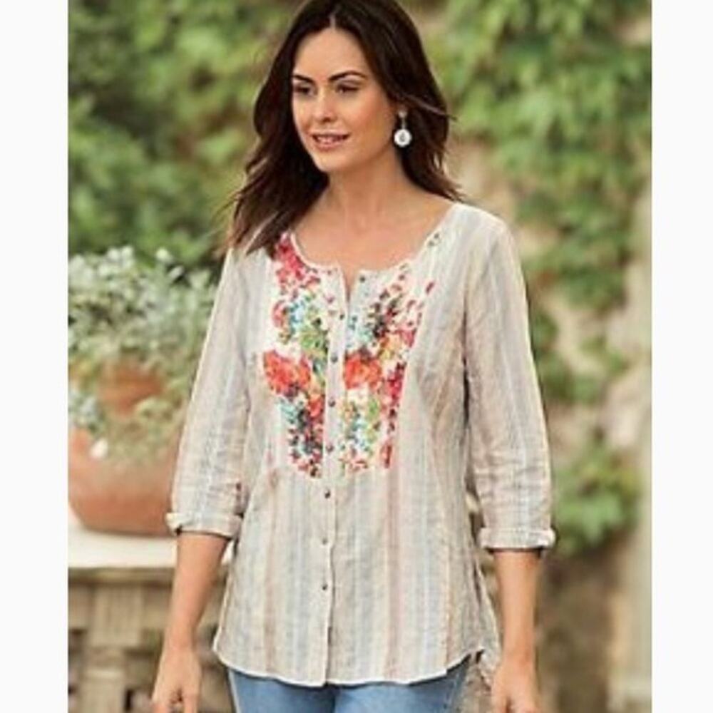 Soft Surroundings Linen Striped Tunic Top Medium